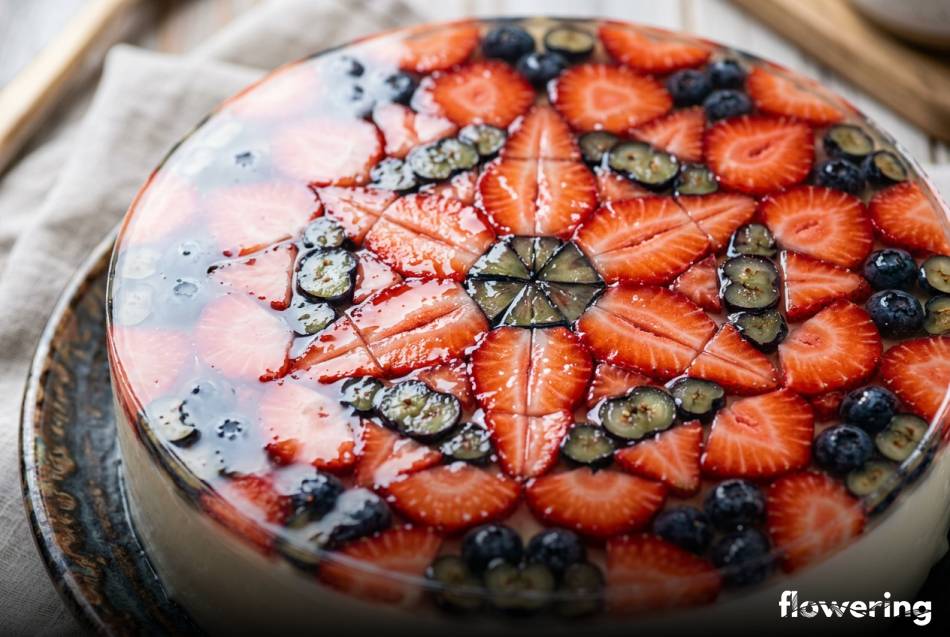Trójwymiarowa mozaika z truskawek i borówek pod lustrzaną glazurą