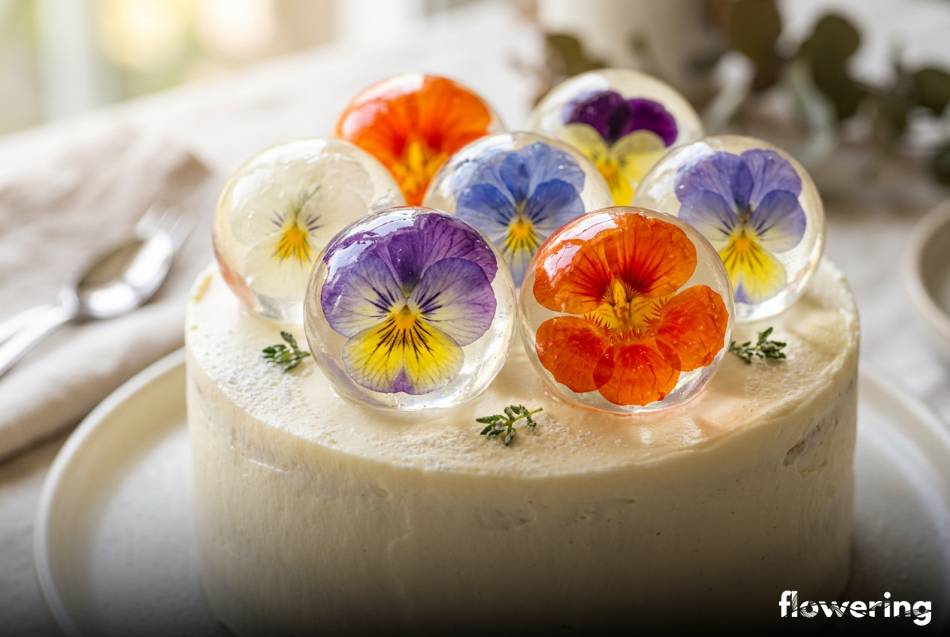 Przezroczyste sfery z agaru z jadalnymi kwiatami na torcie