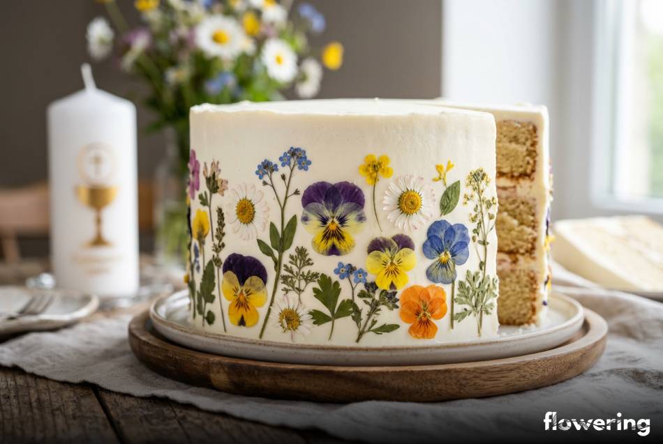 Jadalne prasowane kwiaty polne na białym kremie maślanym