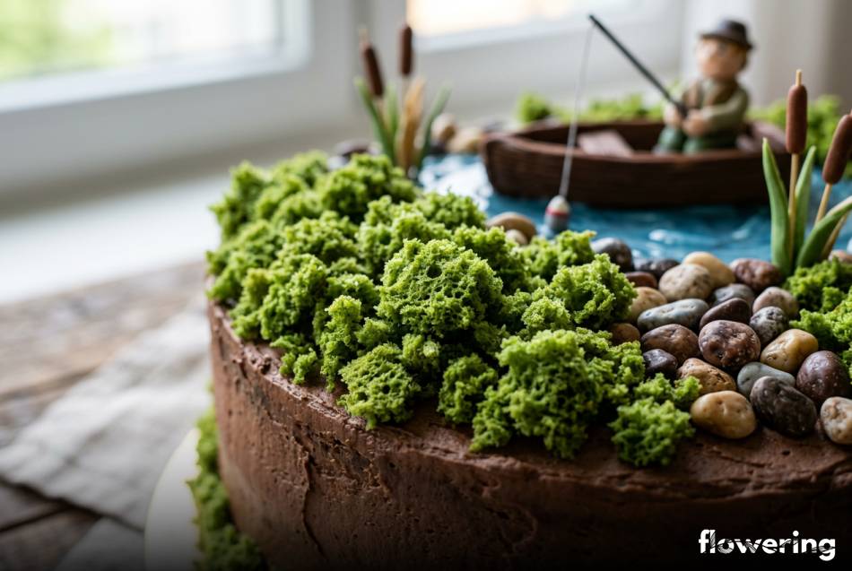 Jadalny mech ze szpinaku jako dekoracja tortu wędkarskiego