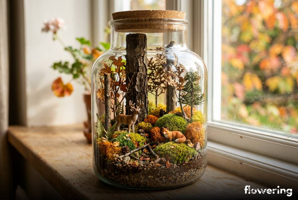 Jesienny las w szkle na jasnym parapecie