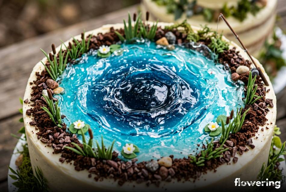 Niebieska galaretka imitująca jezioro z falami na torcie