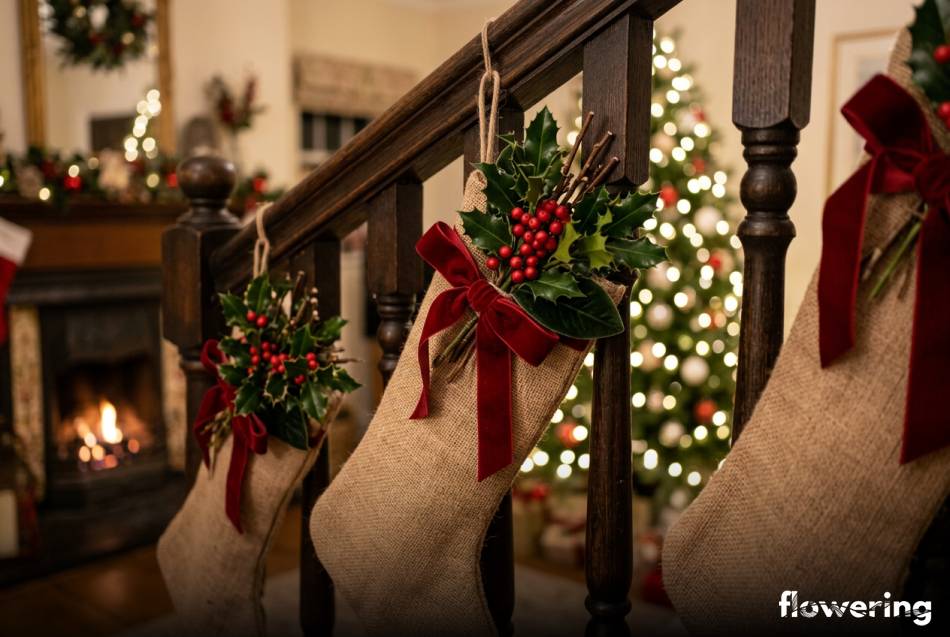 Jutowe skarpety z ostrokrzewem na balustradzie schodów
