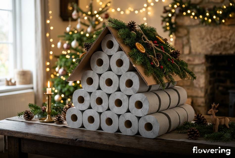 Kalendarz adwentowy w kształcie leśnej chatki z rolek papieru