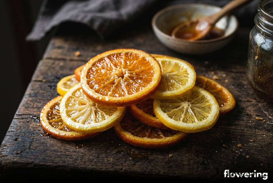 Karmelizowane plastry pomarańczy i cytryny na ciemnym blacie