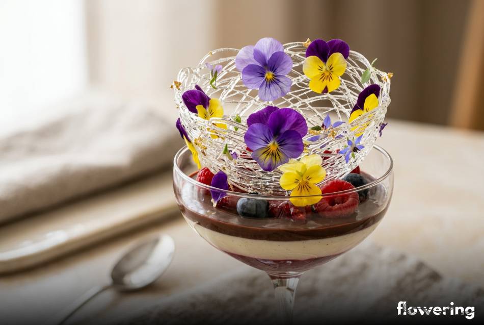 Przezroczyste gniazdko z izomaltu z jadalnymi bratkami na deserze