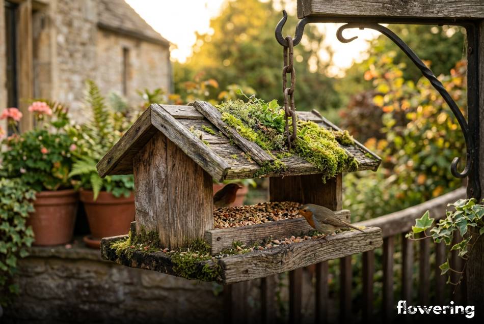 Drewniany karmnik z mchem zawieszony na wiosennym tarasie