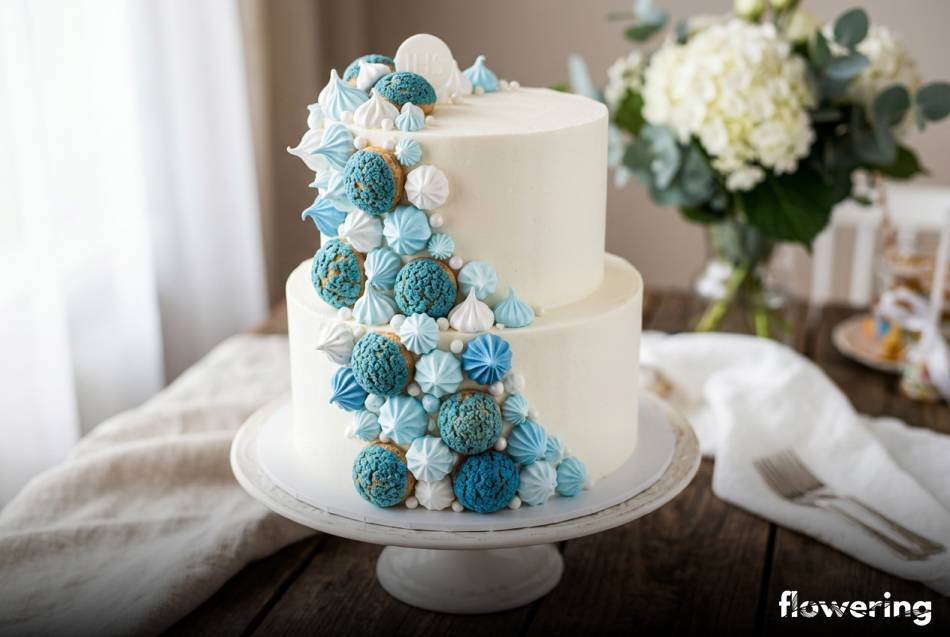 Kaskada błękitnych bezików i ptysiów craquelin na torcie komunijnym