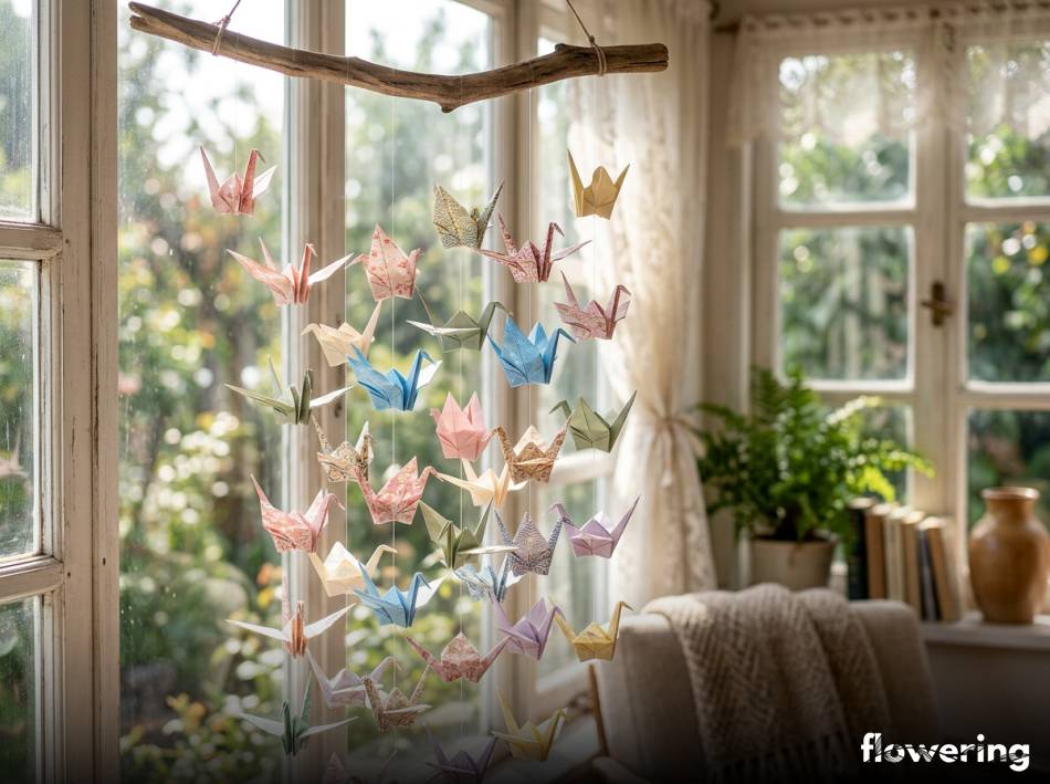 Kaskada z papierowych żurawi origami zawieszona w oknie
