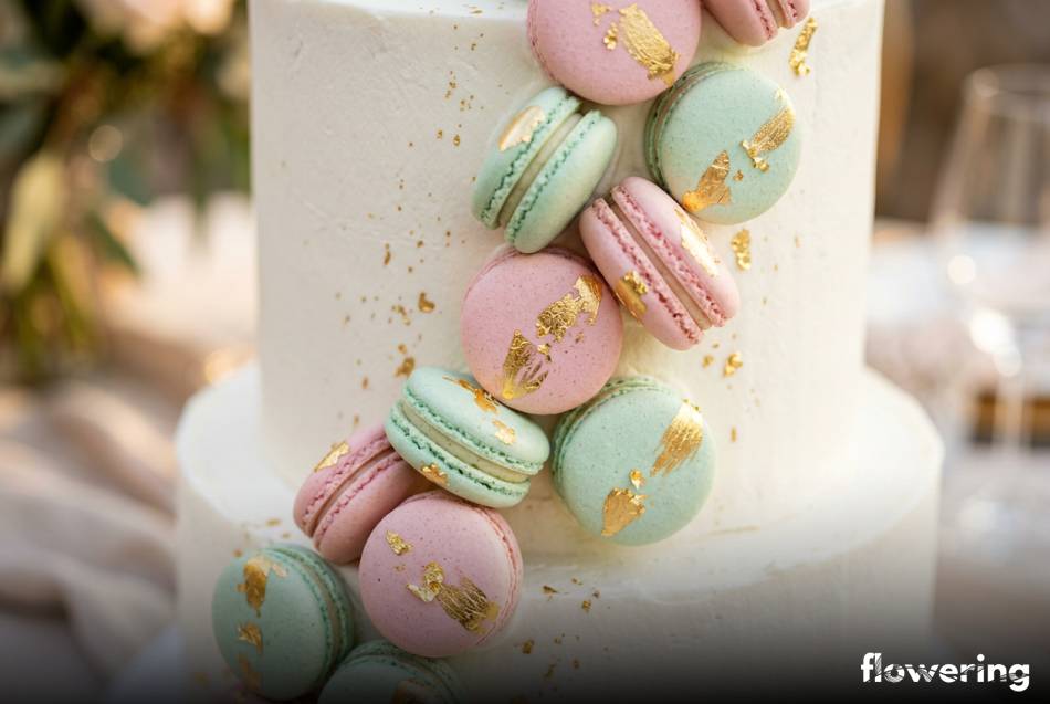 Pastelowe makaroniki francuskie z jadalnym złotem na białym torcie
