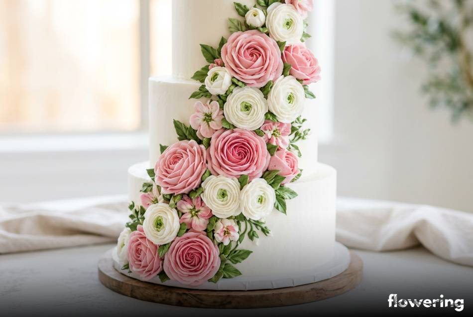 Kaskada różowych i białych kwiatów z kremu maślanego na torcie