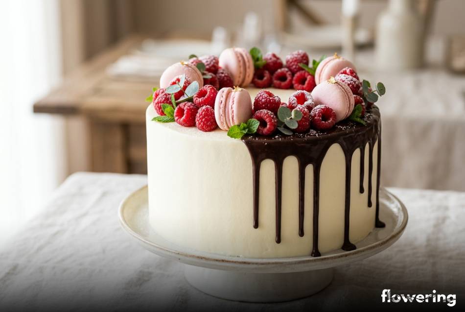 Kaskadowy drip cake z malinami i różowymi makaronikami