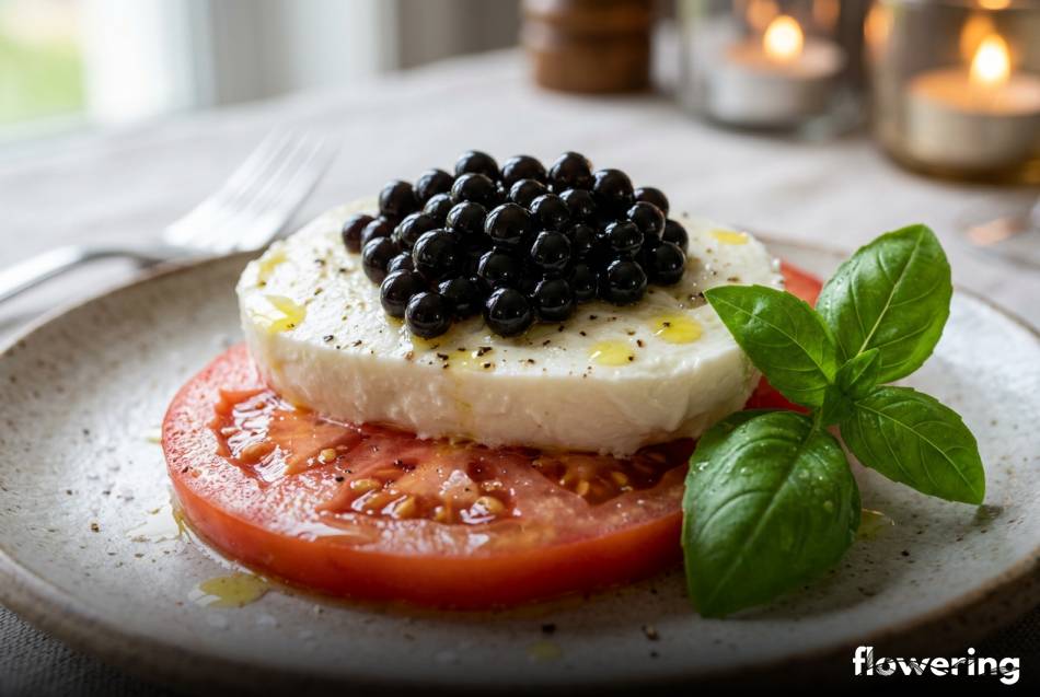 Czarny kawior balsamiczny na białej mozzarelli i pomidorze