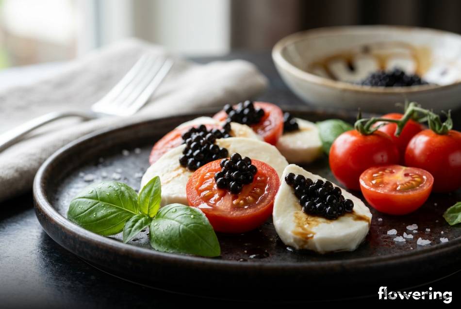 Lśniący kawior z octu balsamicznego na sałatce caprese