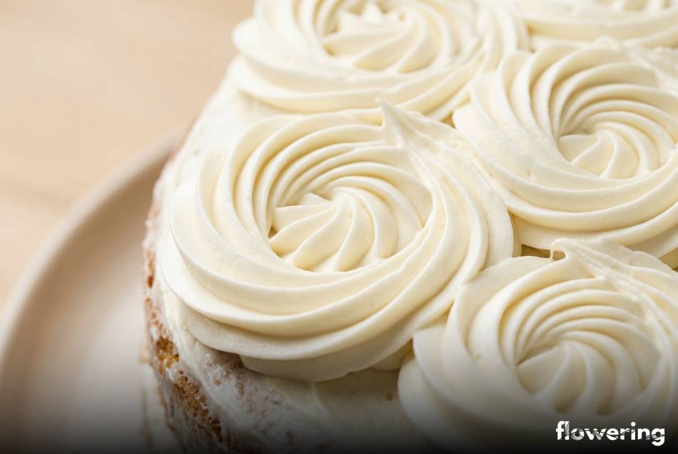 Bialy krem serowy wycisniety w ozdobne spirale na torcie