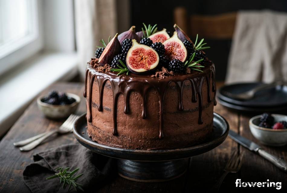 Czekoladowy drip cake z figami jeżynami i rozmarynem