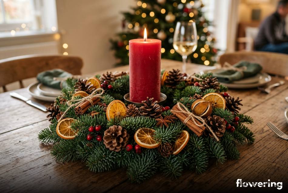 Klasyczny stroik z gałązek jodły z czerwoną świecą na stole