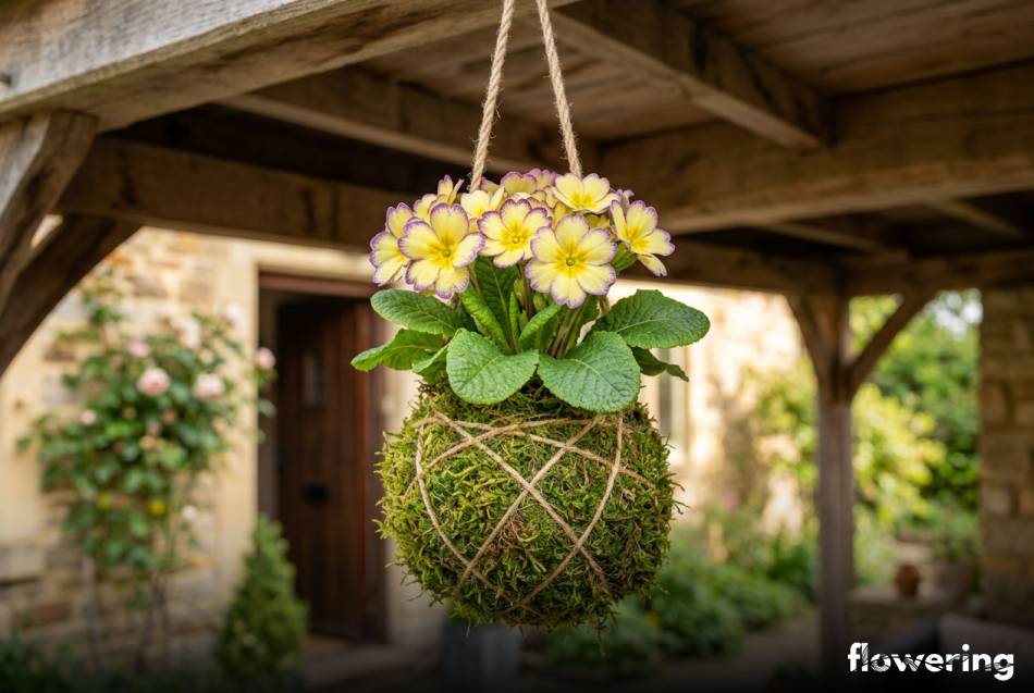 Kokedama z kwitnącą prymulką zawieszona nad wejściem do domu