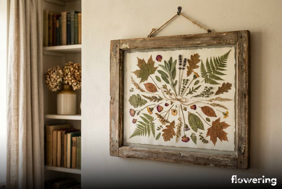 Kolaż z suszonych liści i ziół w starej ramie