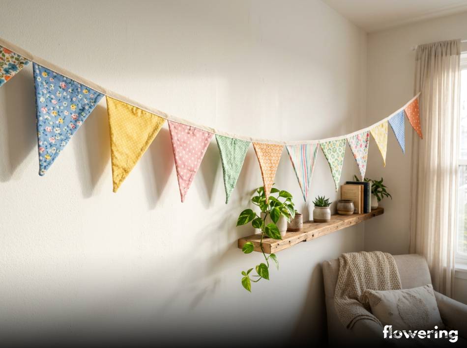 Kolorowa girlanda z bawełnianych proporczyków w jasnym pokoju
