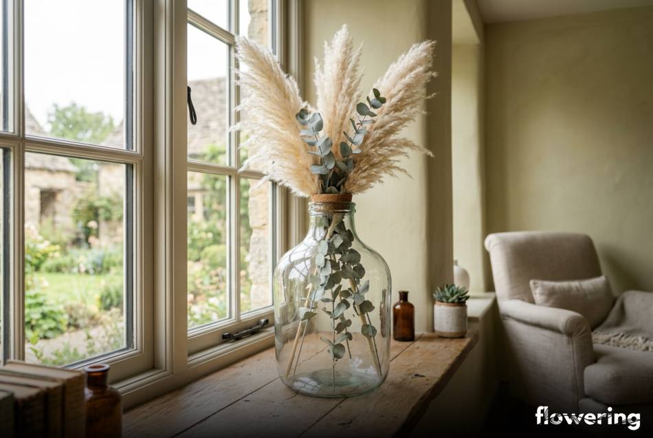 Dekoracja z trawy pampasowej i eukaliptusa w szklanym gąsiorze