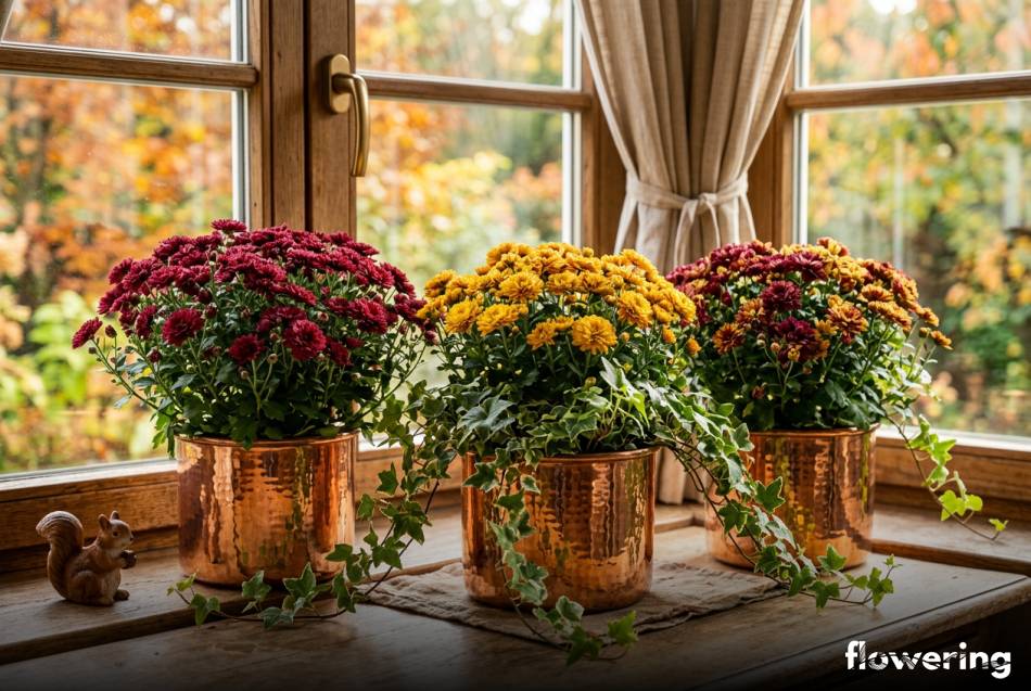 Jesienne chryzantemy z bluszczem w miedzianych osłonkach na parapecie