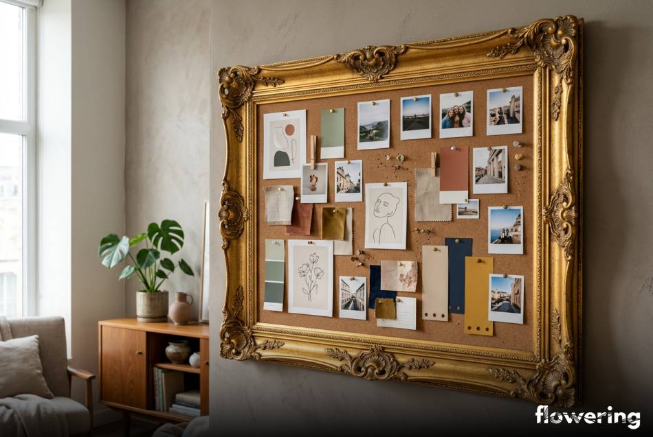 Korkowa tablica inspiracji w dużej złotej ramie