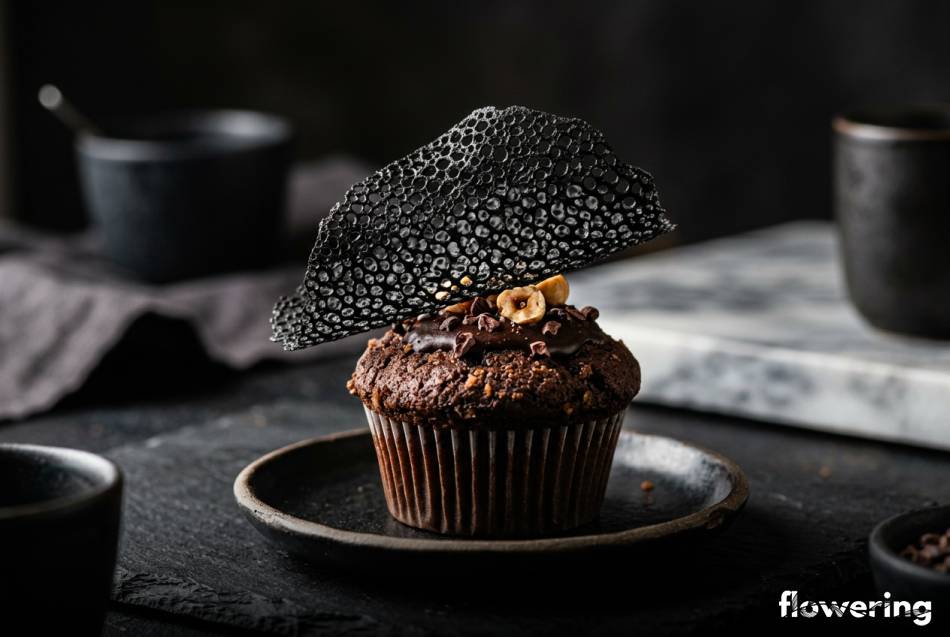 Czarna koronkowa dekoracja tuile na wierzchu eleganckiej muffinki