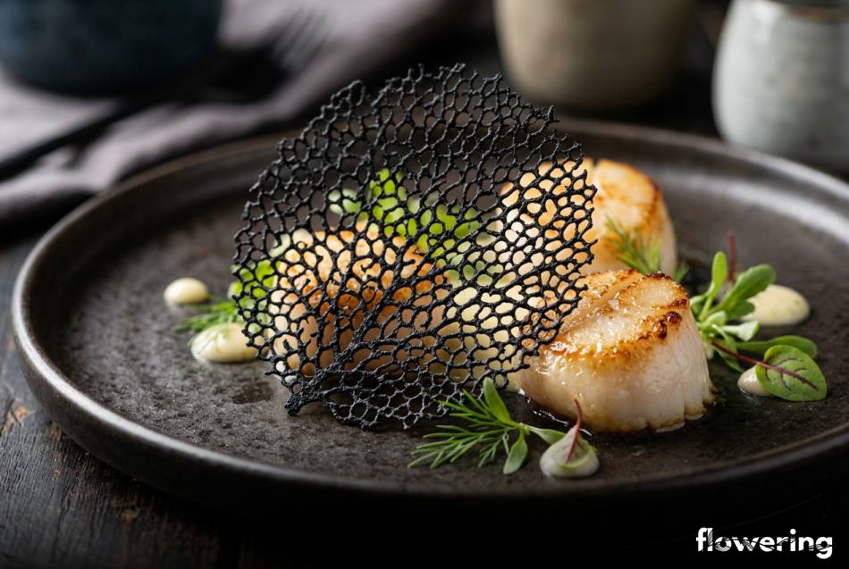 Czarne koronkowe tuile jako dekoracja dania z owoców morza