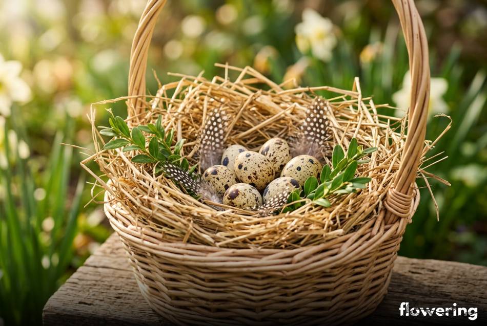 Naturalny koszyk wielkanocny wyłożony siankiem z jajkami przepiórczymi