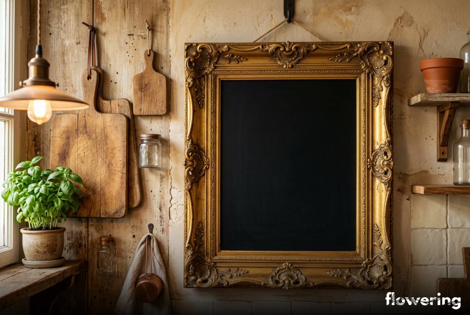 Kredowa tablica w starej ramie na kuchennej ścianie