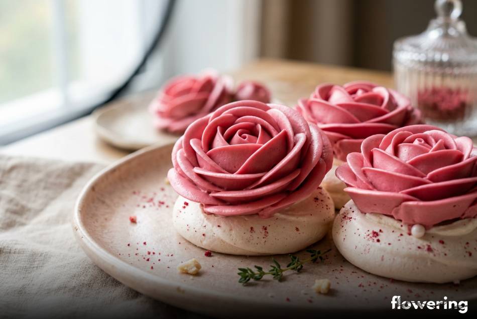 Różowe róże z kremu maślanego na bezie szwajcarskiej