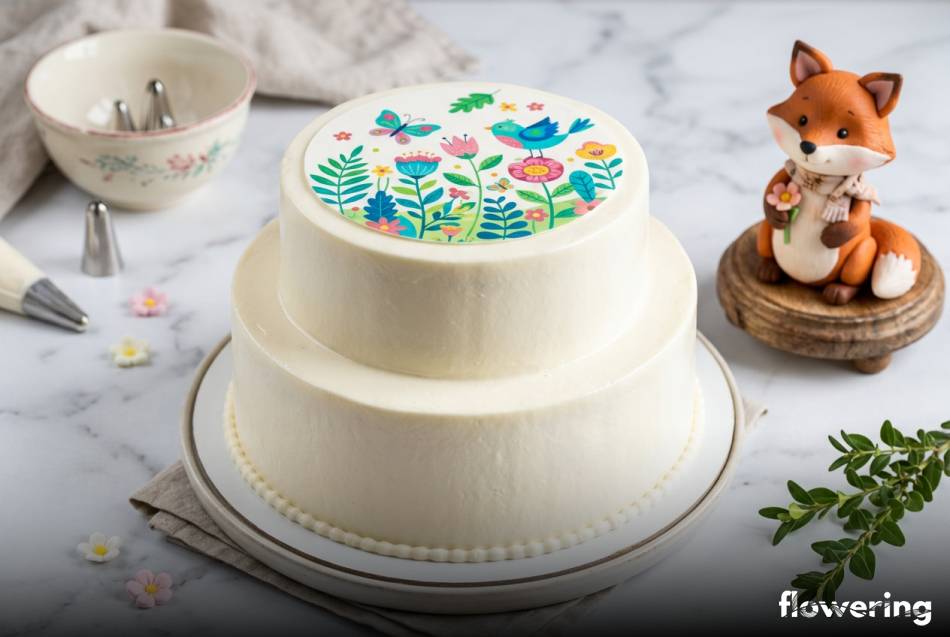 Gładki biały krem russkij na torcie z jadalnym wydrukiem