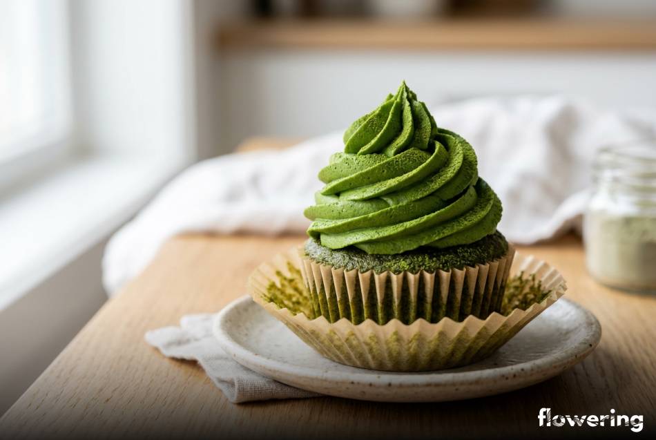 Zielony krem matcha na babeczce z białą czekoladą