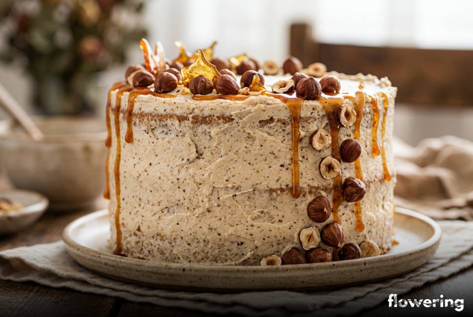 Krem z palonego masła na torcie z dekoracjami karmelowymi