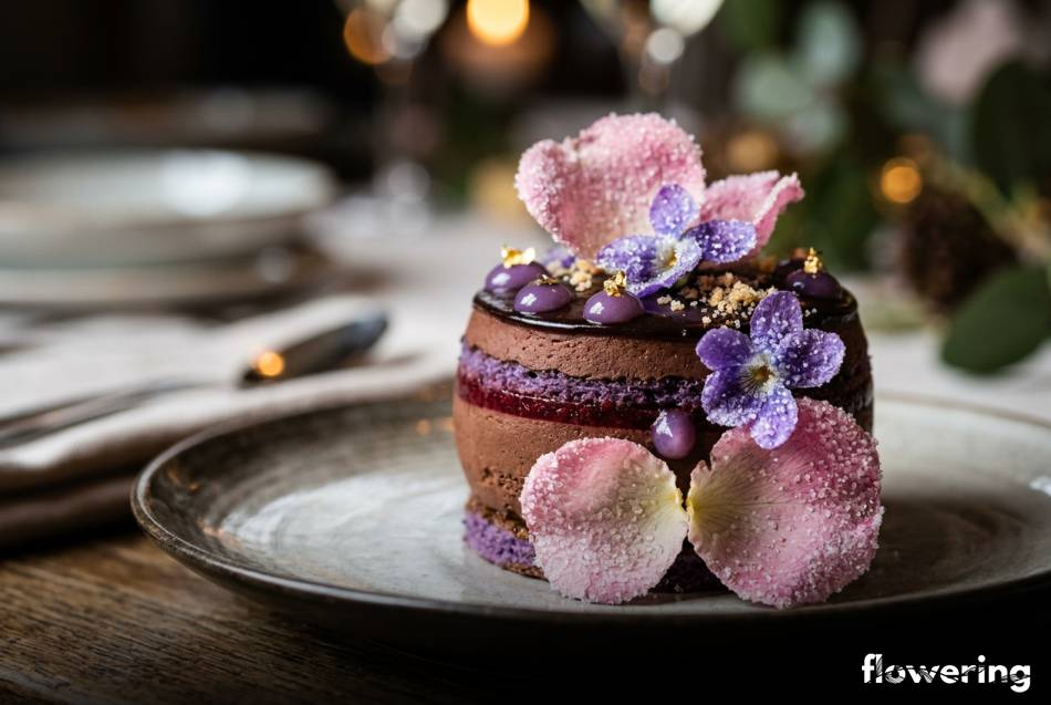 Krystalizowane płatki róż i fiołków na eleganckim deserze