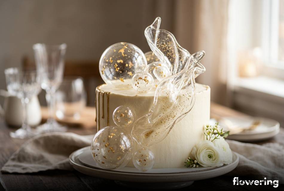 Przezroczyste kule z izomaltu i szklane dekoracje na torcie