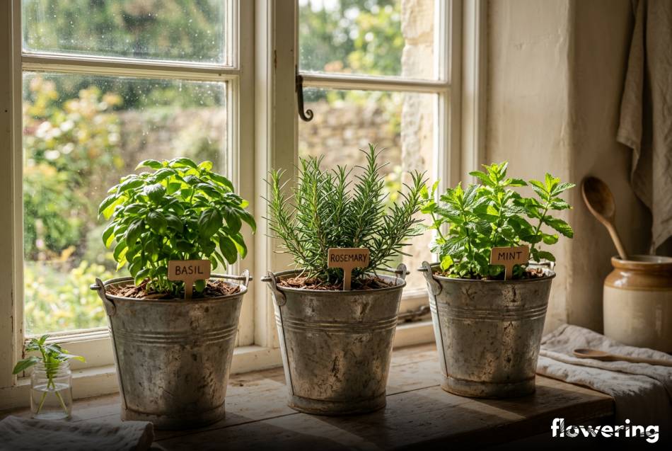 Kuchenny zielnik z ziołami w cynowych wiaderkach na parapecie