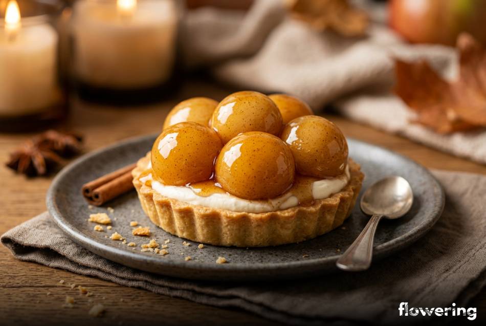 Błyszczące kuleczki z jabłek w syropie na eleganckiej tartletce