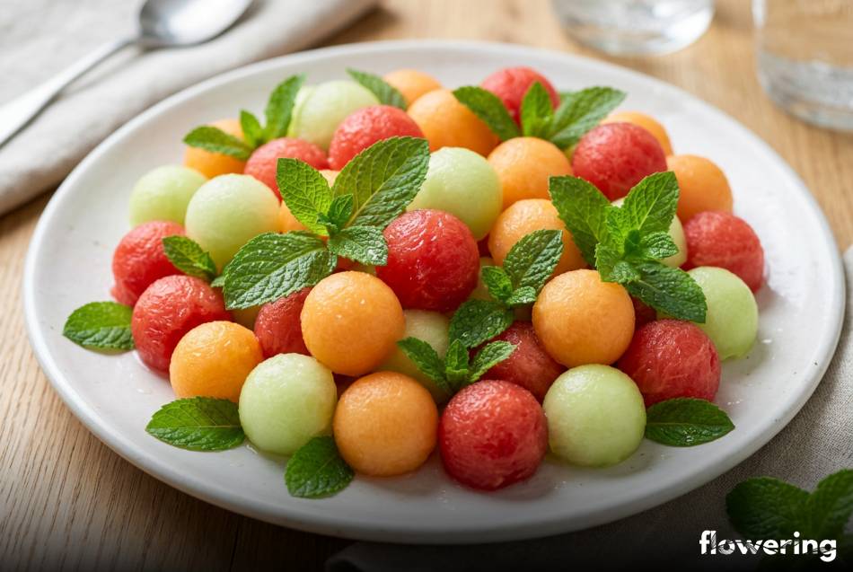 Kolorowe kuleczki z melona i arbuza ze świeżą miętą