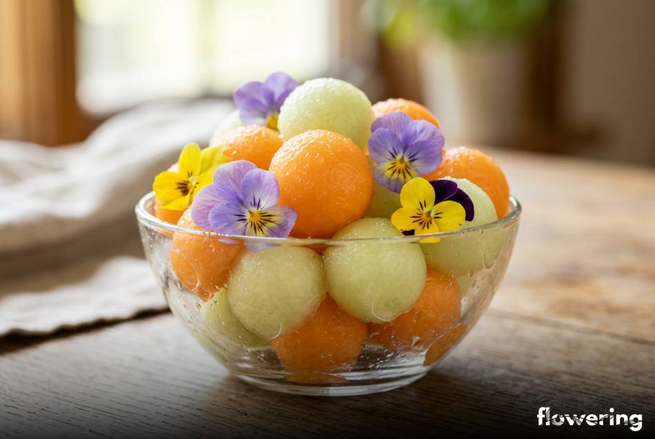 Soczyste kuleczki z melona udekorowane kolorowymi jadalnymi kwiatami