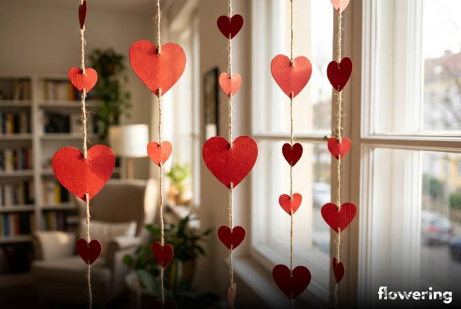 Czerwona kurtyna z papierowych serc na lnianym sznurku w oknie