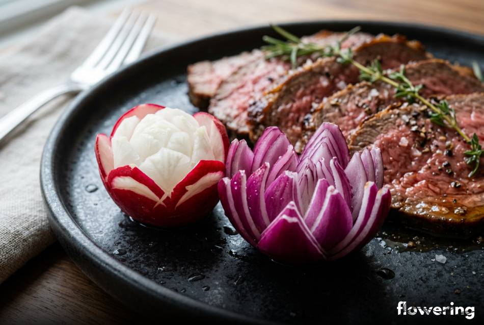 Kwiaty z rzodkiewki i czerwonej cebuli jako dekoracja mięsa