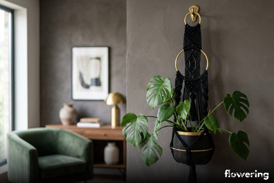 Czarny makramowy kwietnik z mosiężnymi obręczami na monsterę