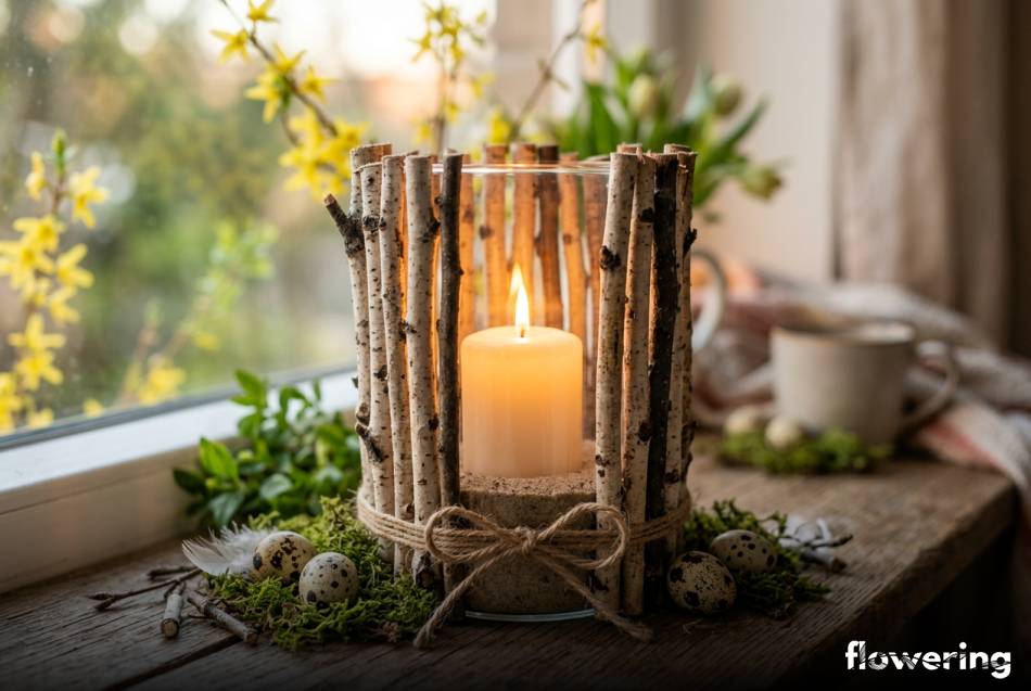Rustykalny lampion z gałązek brzozy ze świecą i jajkami