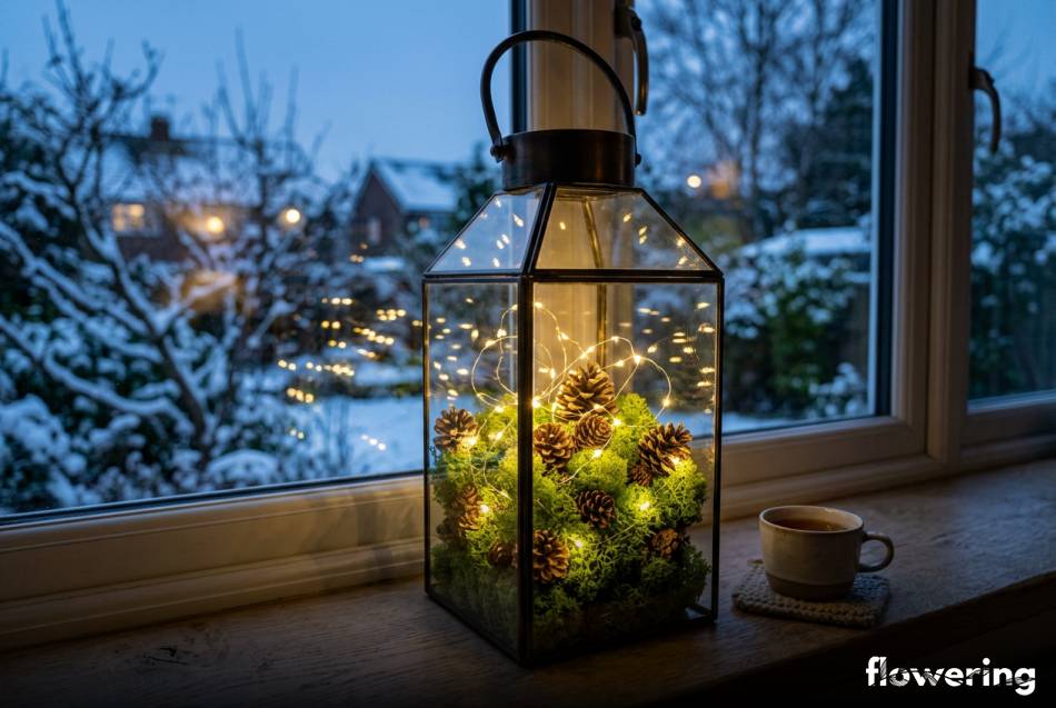 Zimowy stroik w lampionie z zielonym mchem szyszkami i światełkami LED