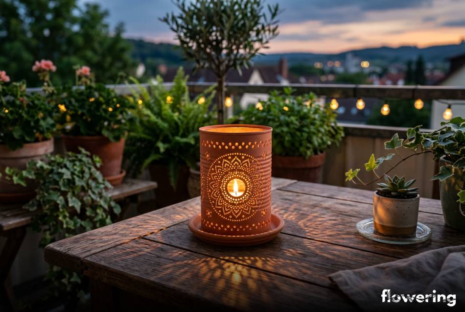 Boho lampion z puszki po kawie na wieczornym balkonie