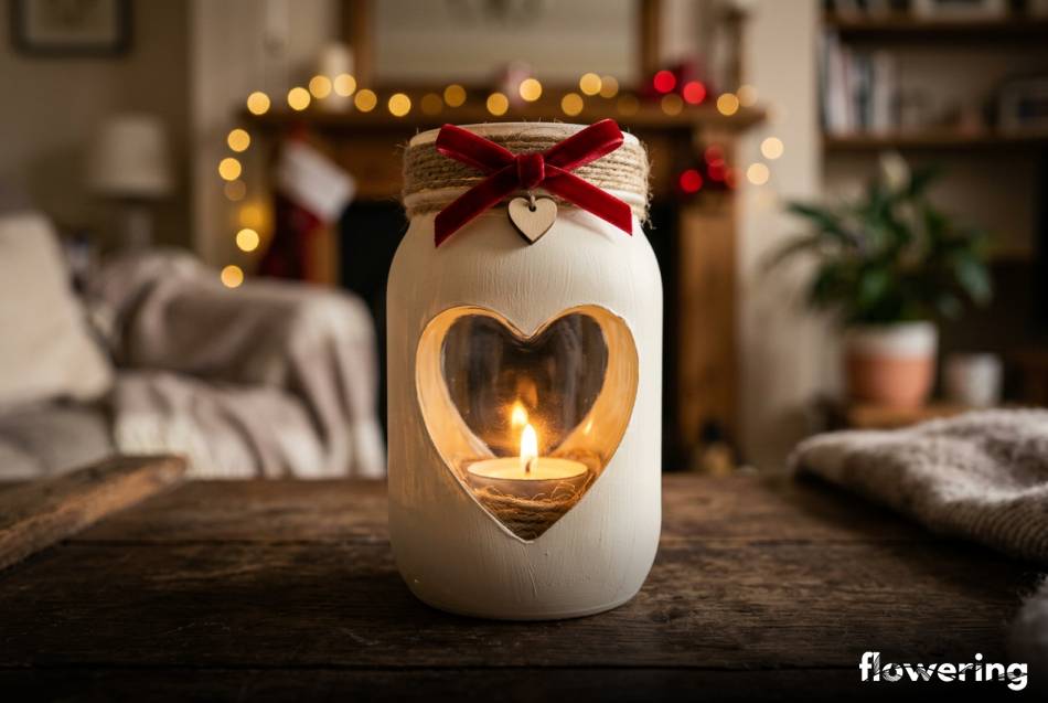 Biały lampion ze słoika z sercem i zapaloną świecą