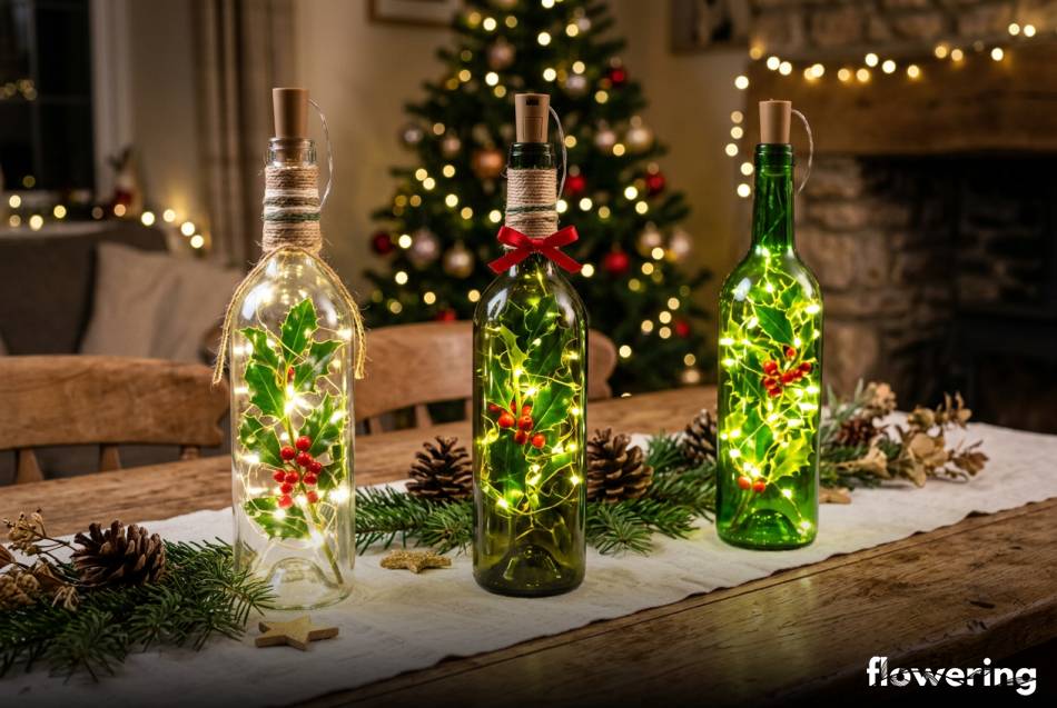 Świąteczne lampiony z butelek po winie z ostrokrzewem i lampkami