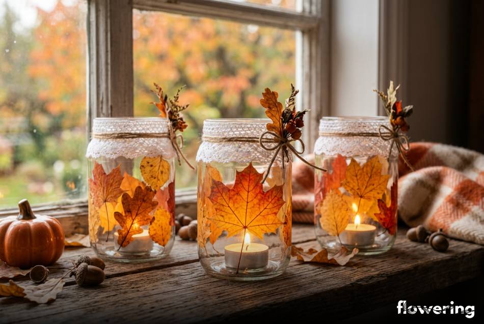 Jesienne lampiony ze słoików z liśćmi i koronką